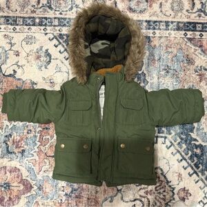 Carter's Olive Puffer Jacket with Faux Fur Trim